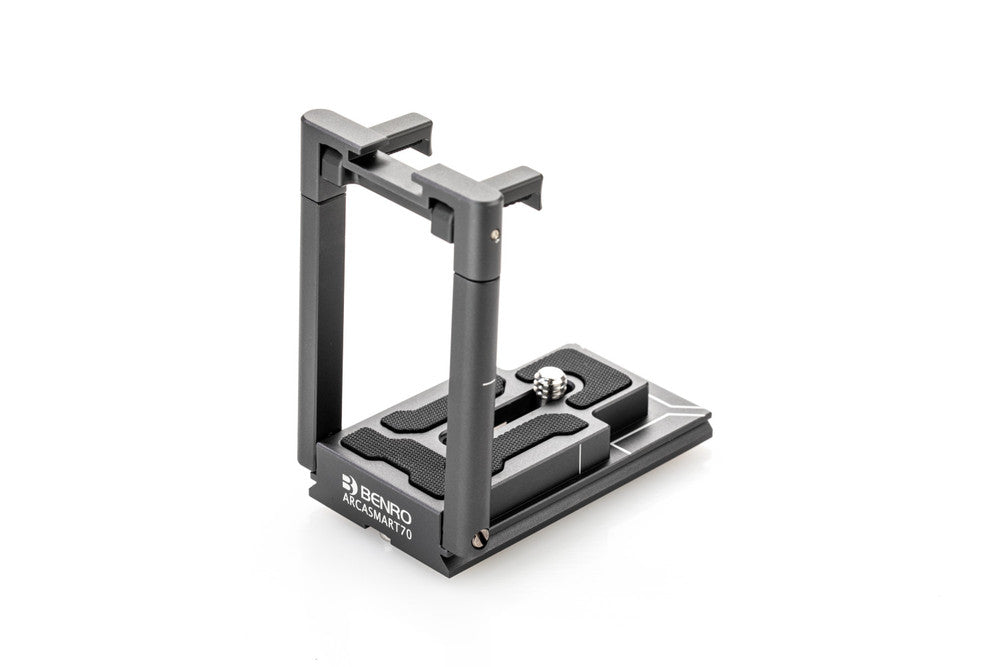 Metal stand with a camera mount on a white background