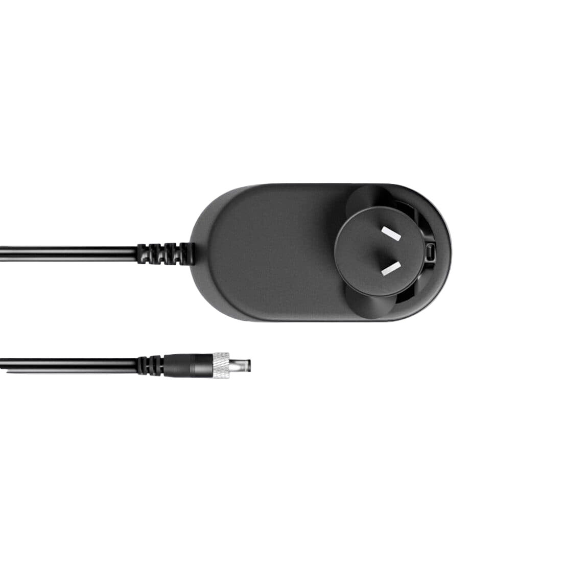 Black electrical plug with two cables on a light gray background