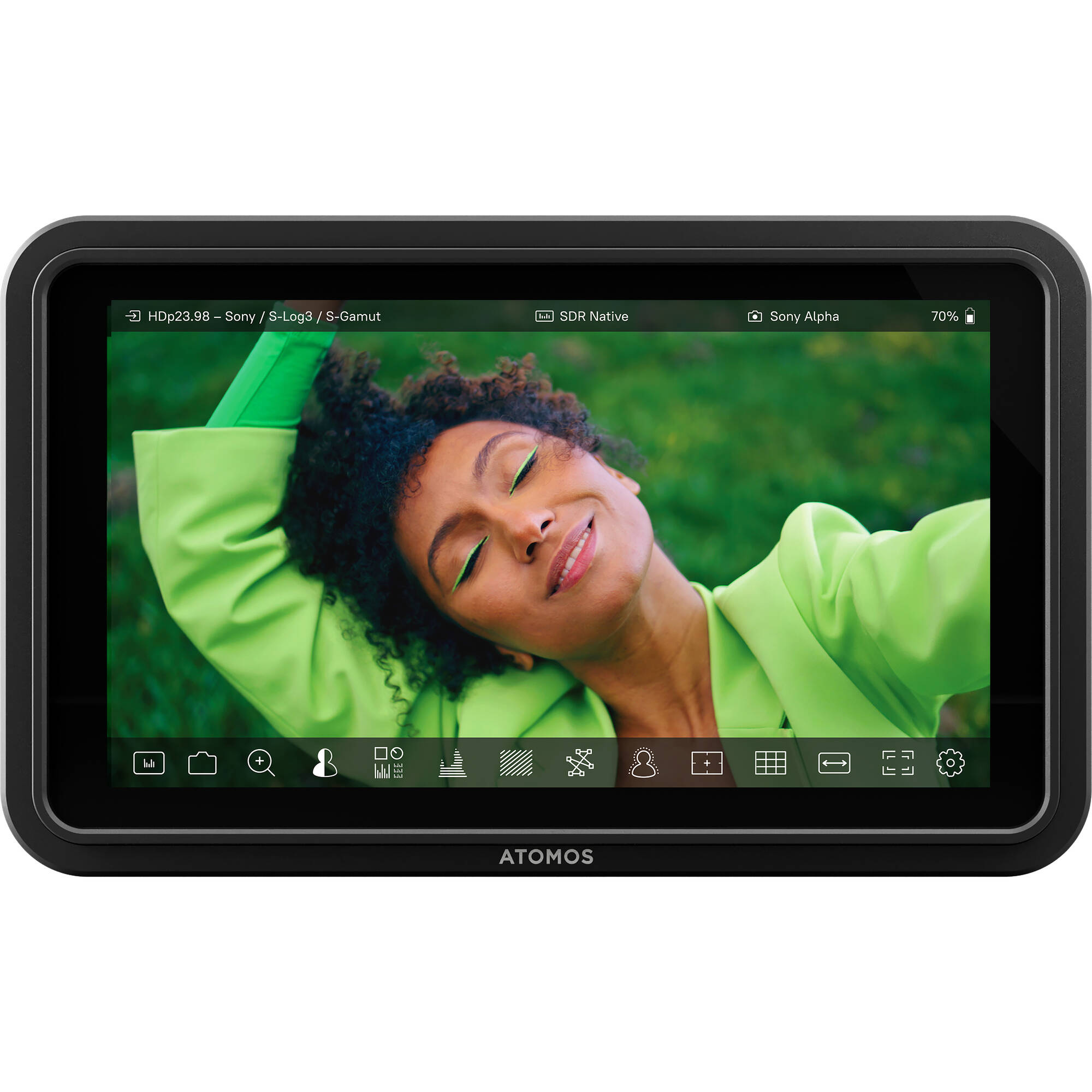 ATOMOS display monitor with a person wearing a green shirt on the screen