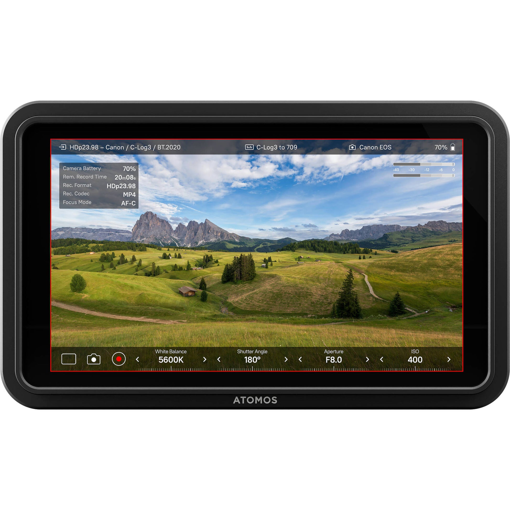 Display device showing a scenic landscape with Atomos branding