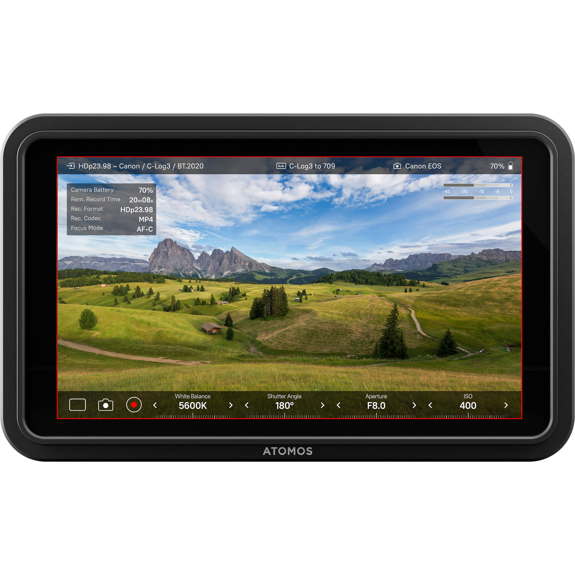 Display device showing a scenic landscape with Atomos branding
