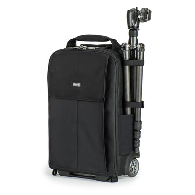 Think Tank Airport Advantage — compact rolling camera bag with customizable dividers, dedicated 15” laptop compartment, tripod mount, and water bottle pocket.