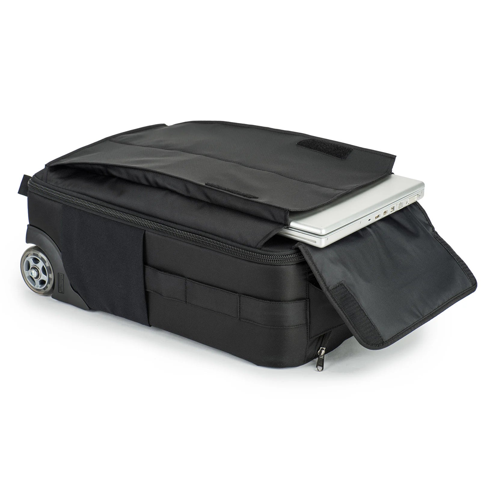 Think Tank Airport Advantage — compact rolling camera bag with customizable dividers, dedicated 15” laptop compartment, tripod mount, and water bottle pocket.