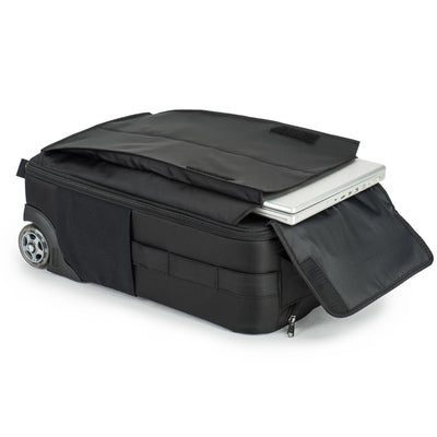 Think Tank Airport Advantage — compact rolling camera bag with customizable dividers, dedicated 15” laptop compartment, tripod mount, and water bottle pocket.