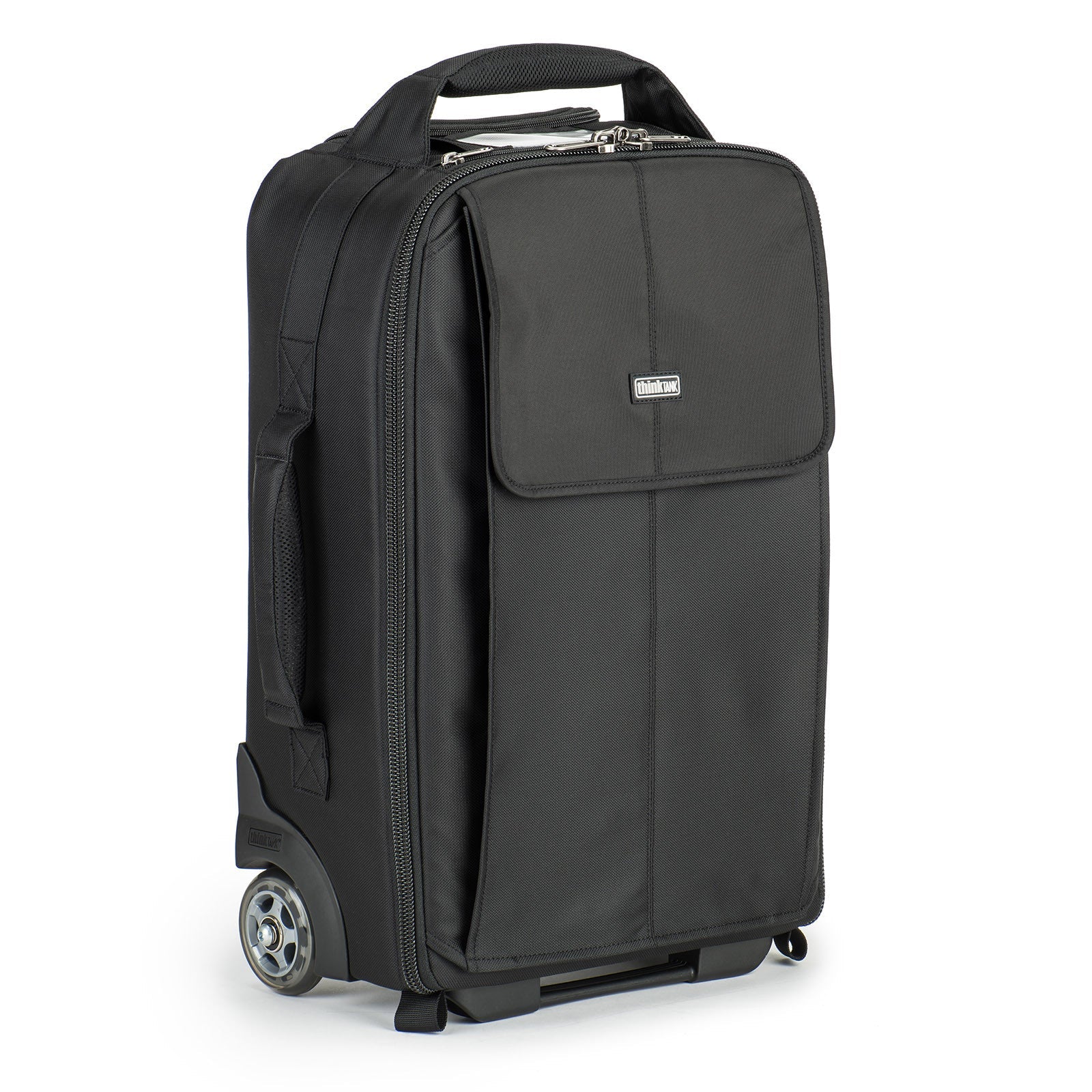 Think Tank Airport Advantage — compact rolling camera bag with customizable dividers, dedicated 15” laptop compartment, tripod mount, and water bottle pocket.