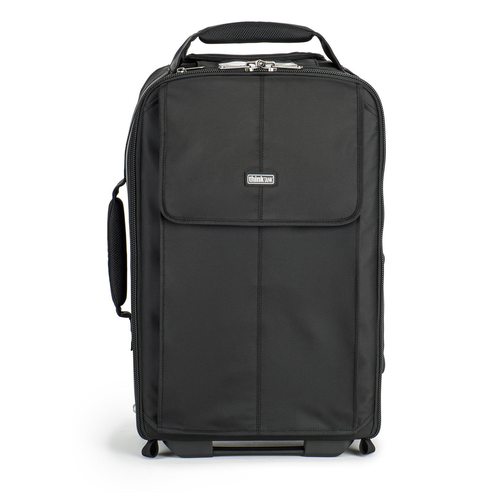 Think Tank Airport Advantage — compact rolling camera bag with customizable dividers, dedicated 15” laptop compartment, tripod mount, and water bottle pocket.