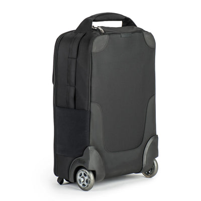 Think Tank Airport Advantage — compact rolling camera bag with customizable dividers, dedicated 15” laptop compartment, tripod mount, and water bottle pocket.