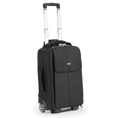 Think Tank Airport Advantage — compact rolling camera bag with customizable dividers, dedicated 15” laptop compartment, tripod mount, and water bottle pocket.