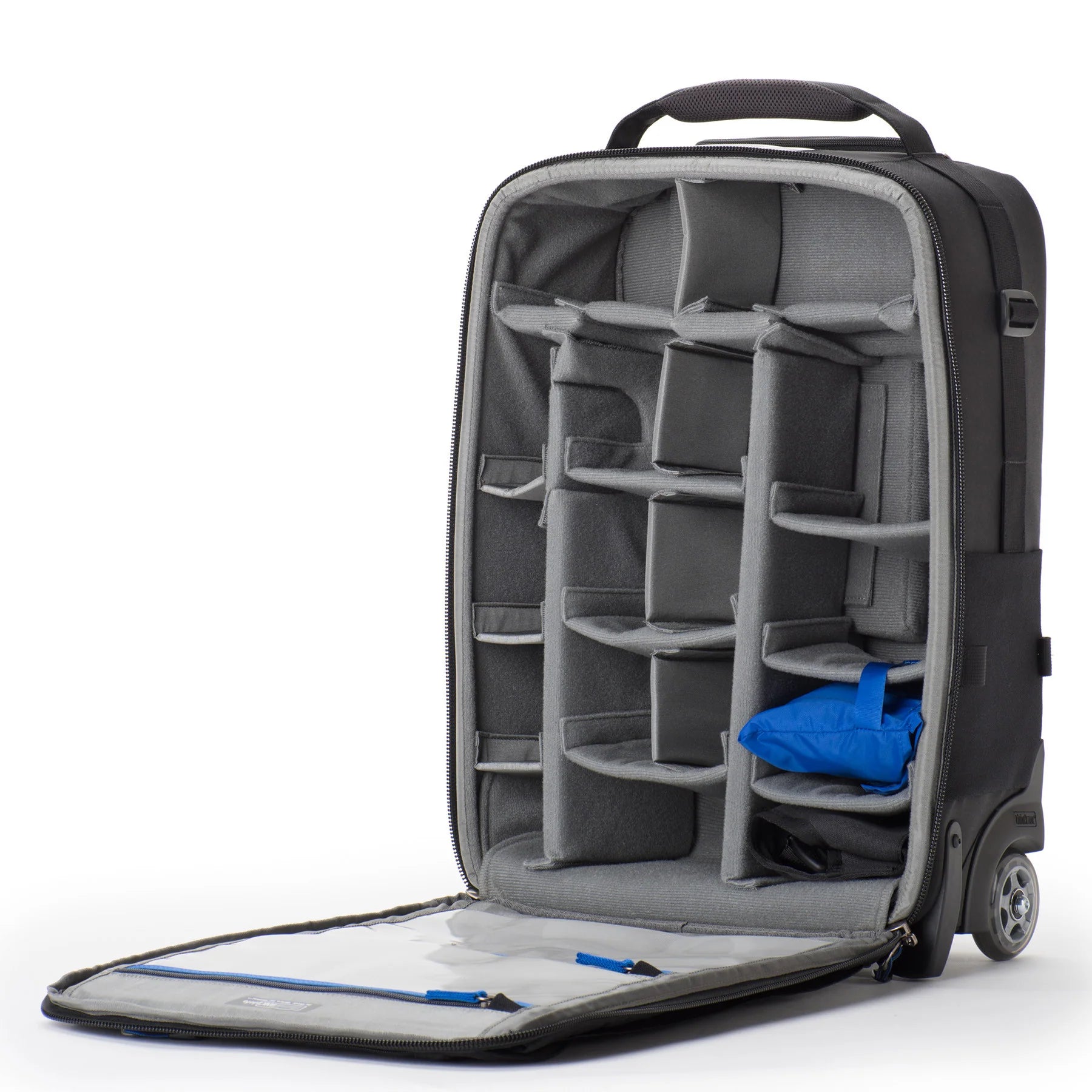 Think Tank Airport TakeOff V2.0 — versatile rolling camera backpack with retractable handle, stowable backpack straps, and space for up to 3 DSLRs, 5 lenses, and a 400mm f/2.8 lens.