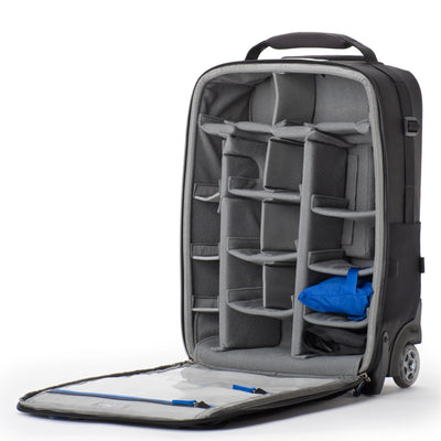 Think Tank Airport TakeOff V2.0 — versatile rolling camera backpack with retractable handle, stowable backpack straps, and space for up to 3 DSLRs, 5 lenses, and a 400mm f/2.8 lens.
