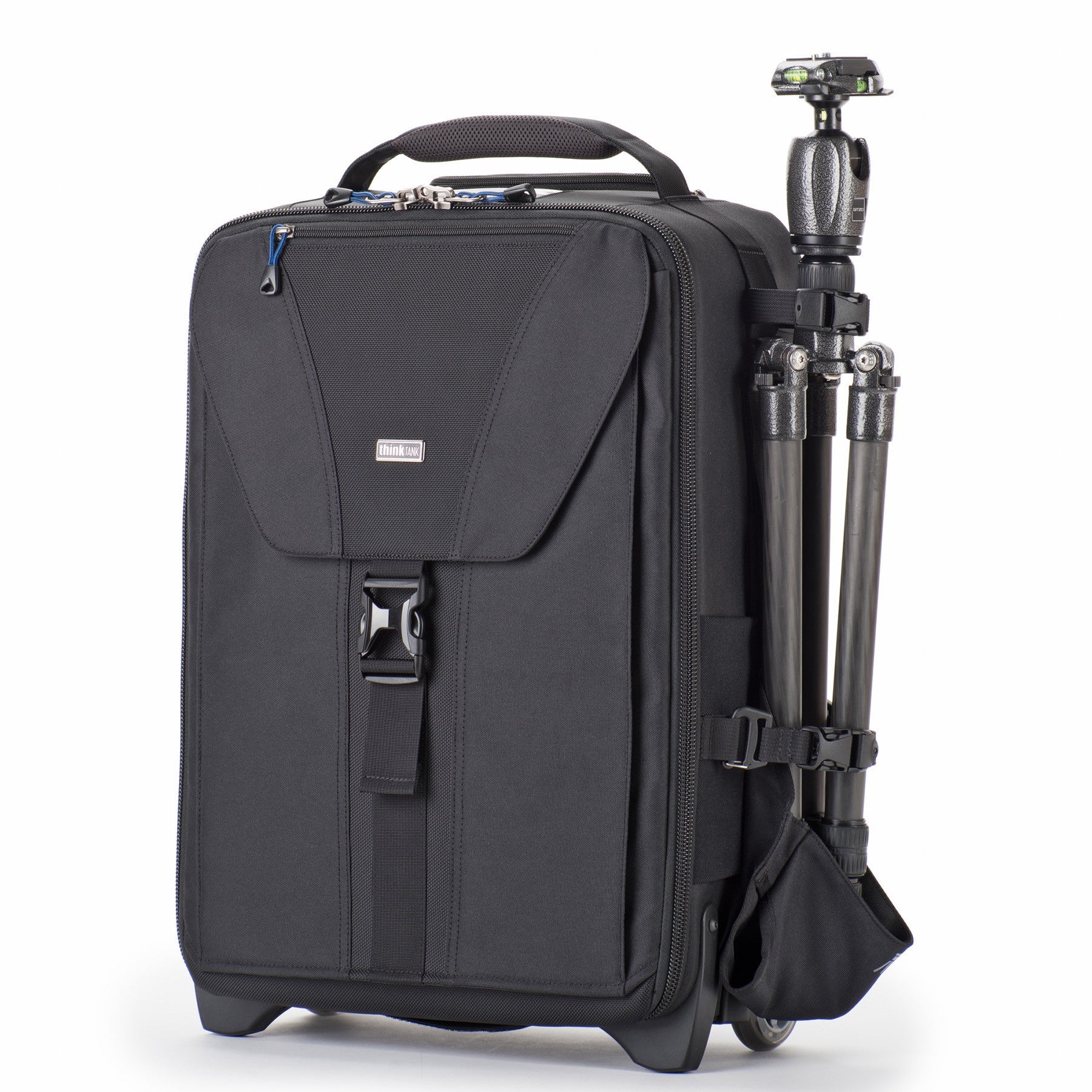Think Tank Airport TakeOff V2.0 — versatile rolling camera backpack with retractable handle, stowable backpack straps, and space for up to 3 DSLRs, 5 lenses, and a 400mm f/2.8 lens.