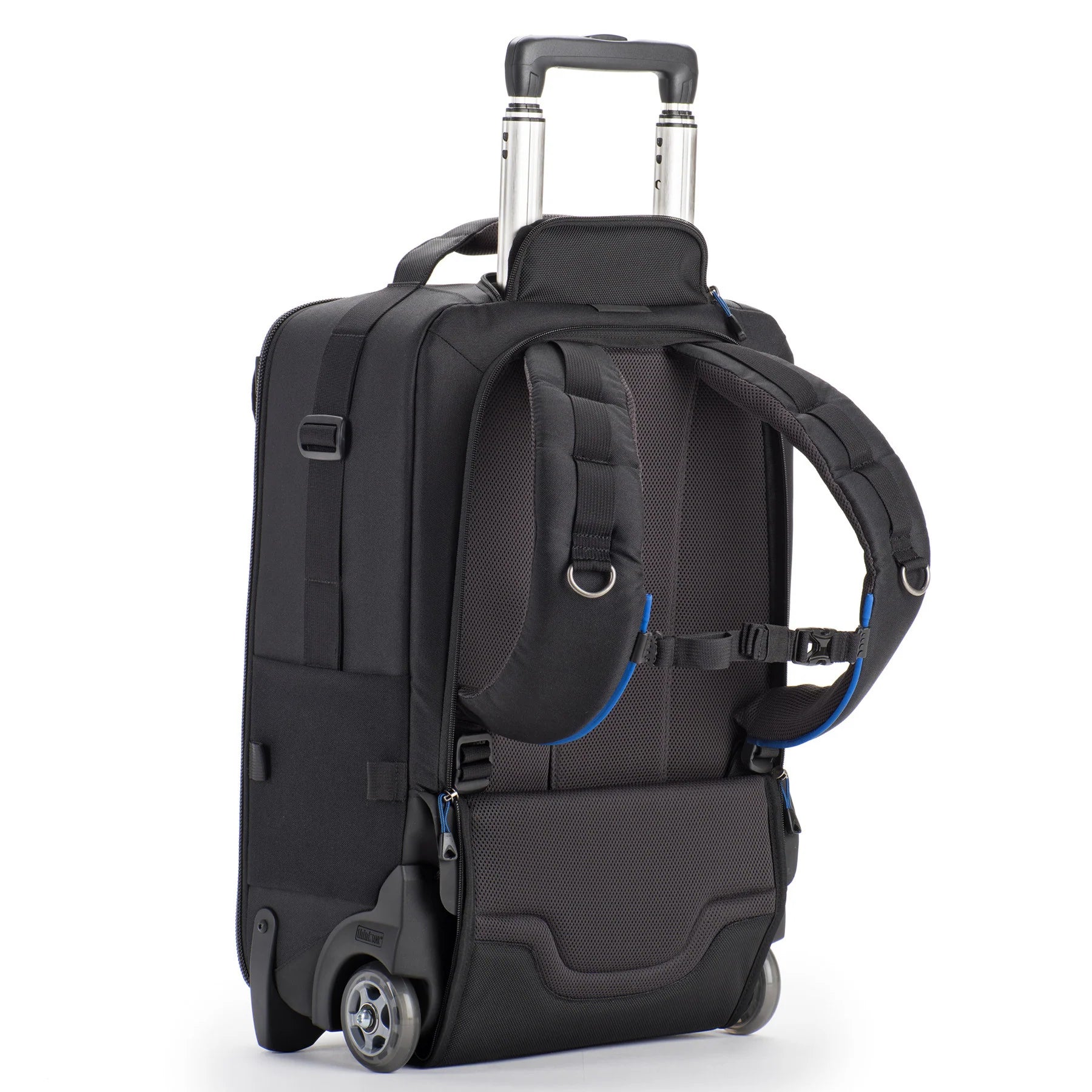 Think Tank Airport TakeOff V2.0 — versatile rolling camera backpack with retractable handle, stowable backpack straps, and space for up to 3 DSLRs, 5 lenses, and a 400mm f/2.8 lens.