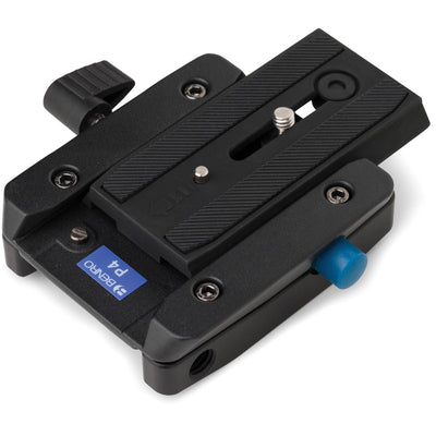 Black camera accessory with blue label on a white background