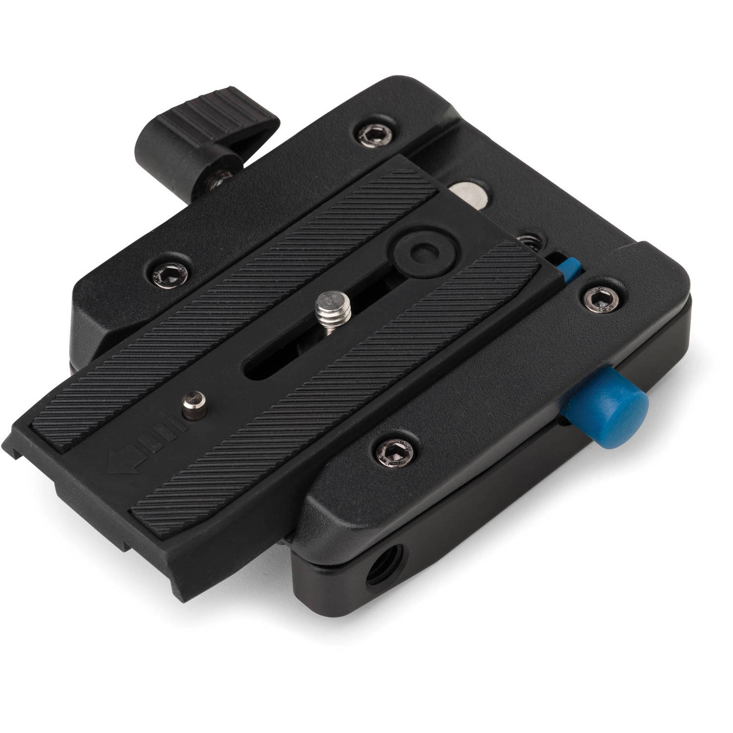 Camera accessory with black and blue components on a white background