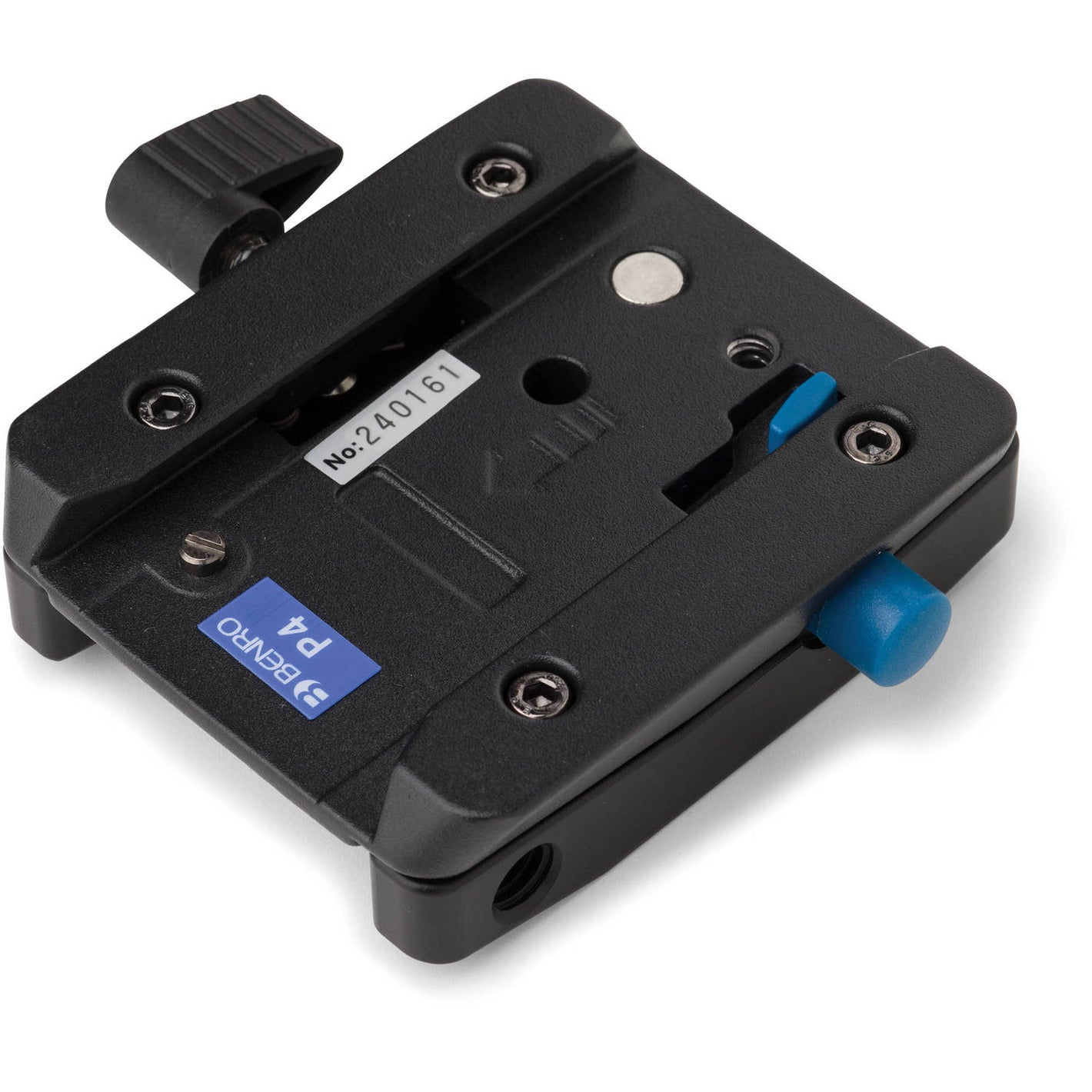 Black camera mount with blue and white labels on a white background