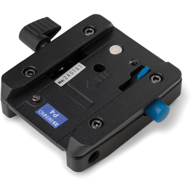 Black camera mount with blue and white labels on a white background