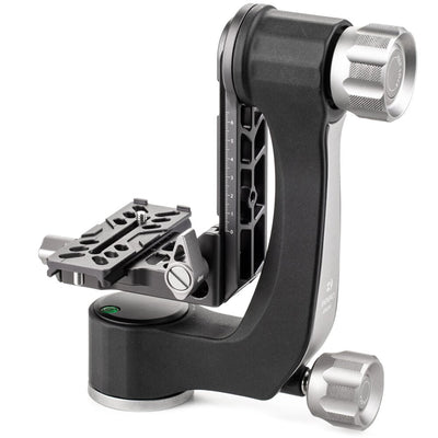 Benro GH2 aluminium gimbal head — matte‑black L‑shaped arm with Arca‑style quick‑release plate and pan/tilt control knobs.
