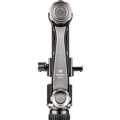 Benro GH2 aluminium gimbal head — matte‑black L‑shaped arm with Arca‑style quick‑release plate and pan/tilt control knobs.