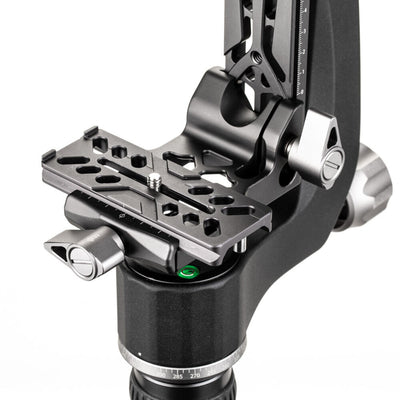 Benro GH2 aluminium gimbal head — matte‑black L‑shaped arm with Arca‑style quick‑release plate and pan/tilt control knobs.
