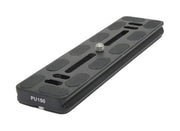 Benro PU‑150 Arca‑style quick release plate, long rectangular black anodised aluminium alloy plate featuring anti‑slip rubber pads, central 1/4”-20 mounting screw, dual dovetail edges, and a 3/8” centre threaded socket for versatile camera mounting.