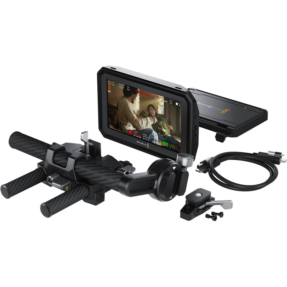 Blackmagic Design PYXIS Monitor Kit – 5-inch HDR touchscreen monitor bundle with sunshade and mounting accessories.