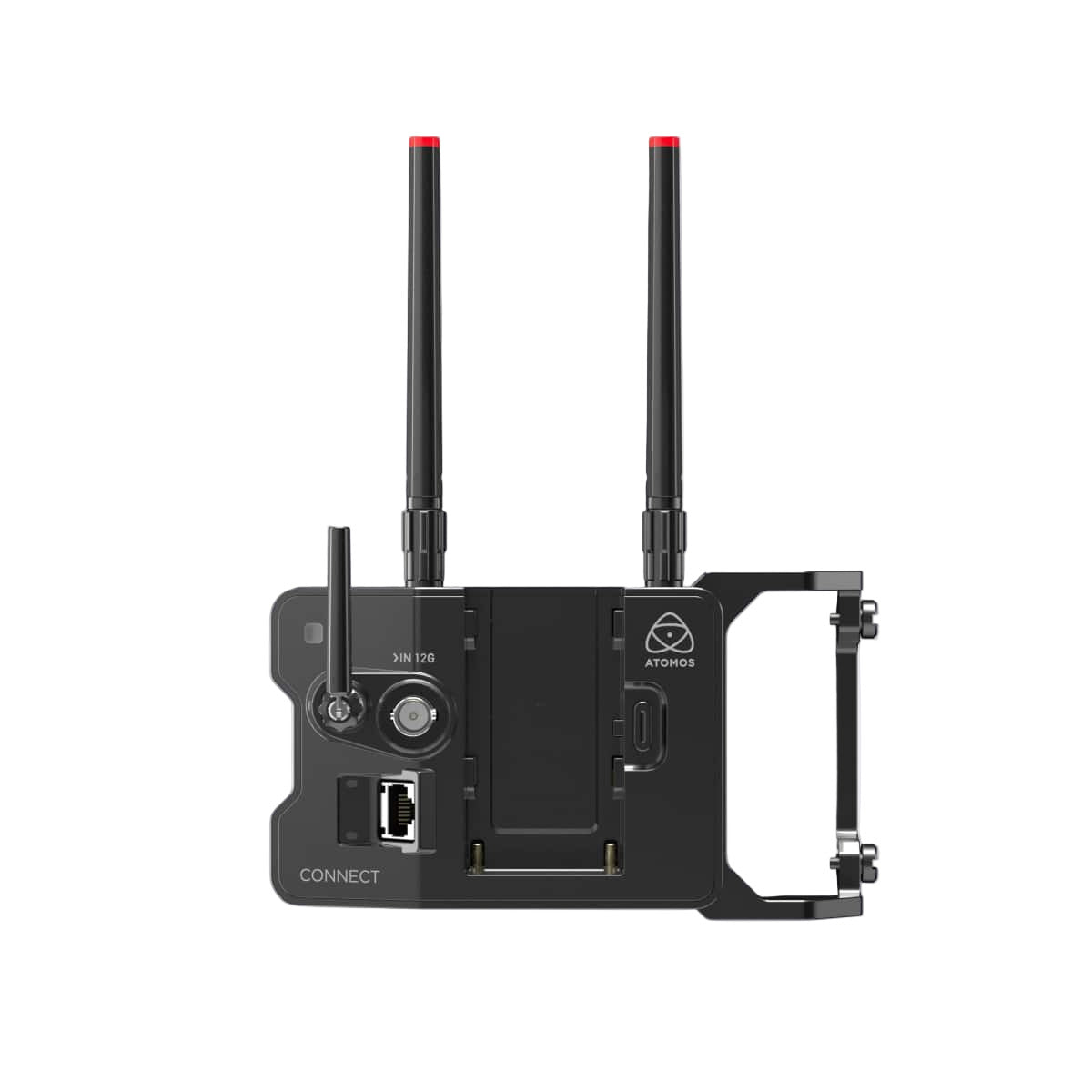 Black camera mount with antennas on a light gray background