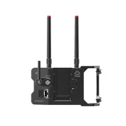 Black camera mount with antennas on a light gray background