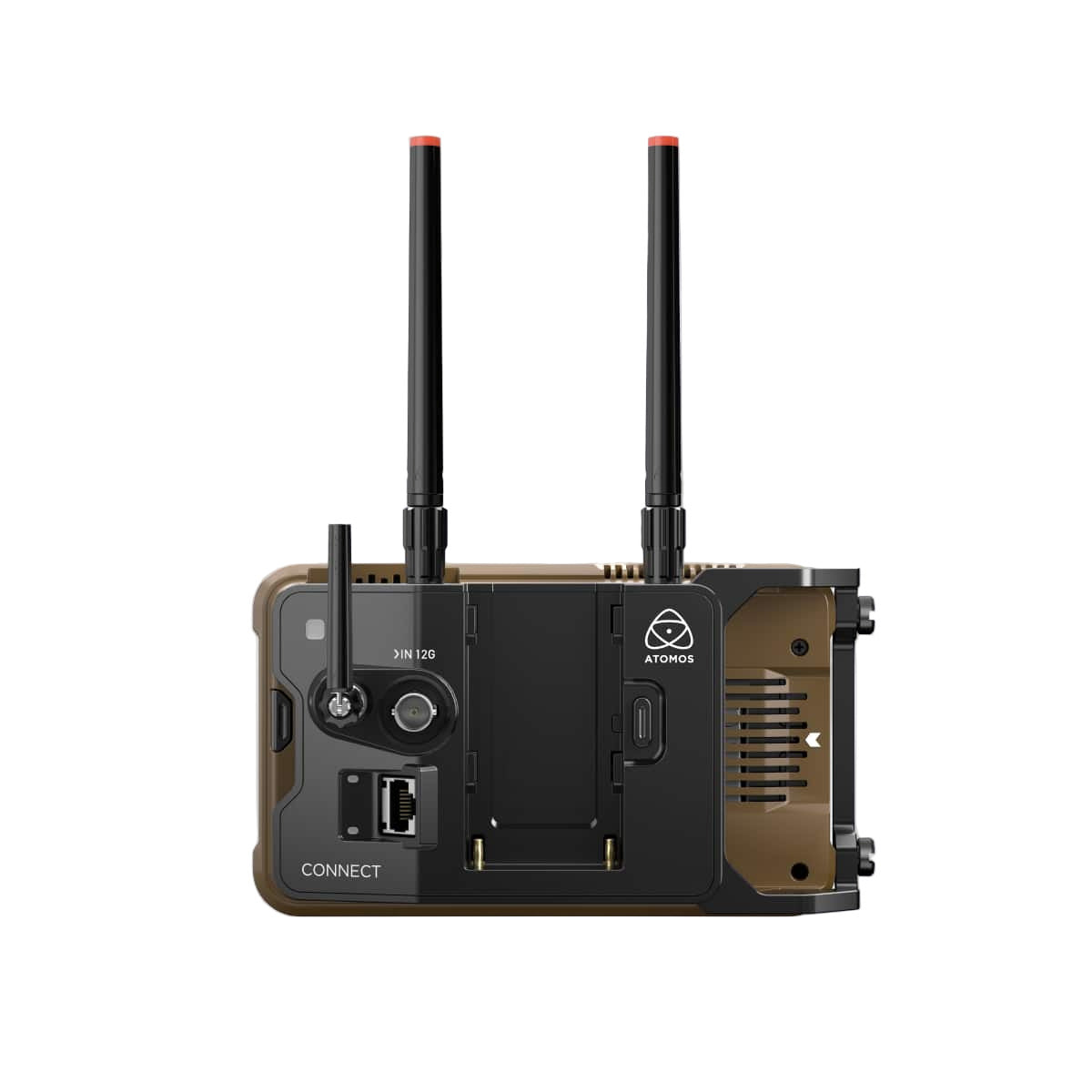 Back view of a device with antennas on a light gray background