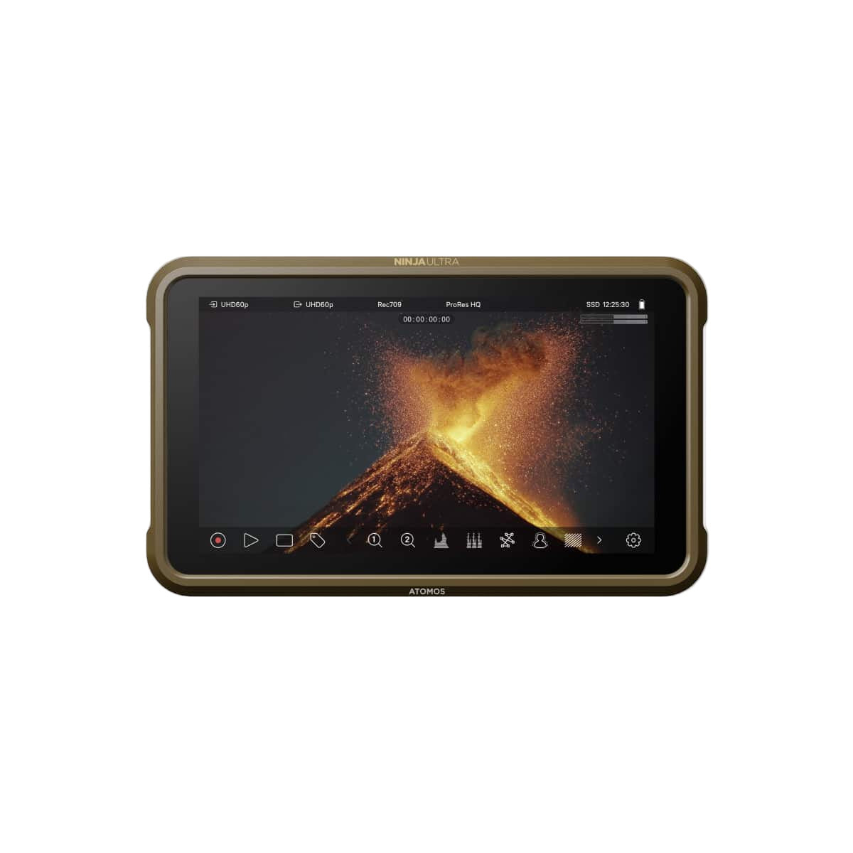 Rugged tablet with a火山图像 on the screen against a light gray background