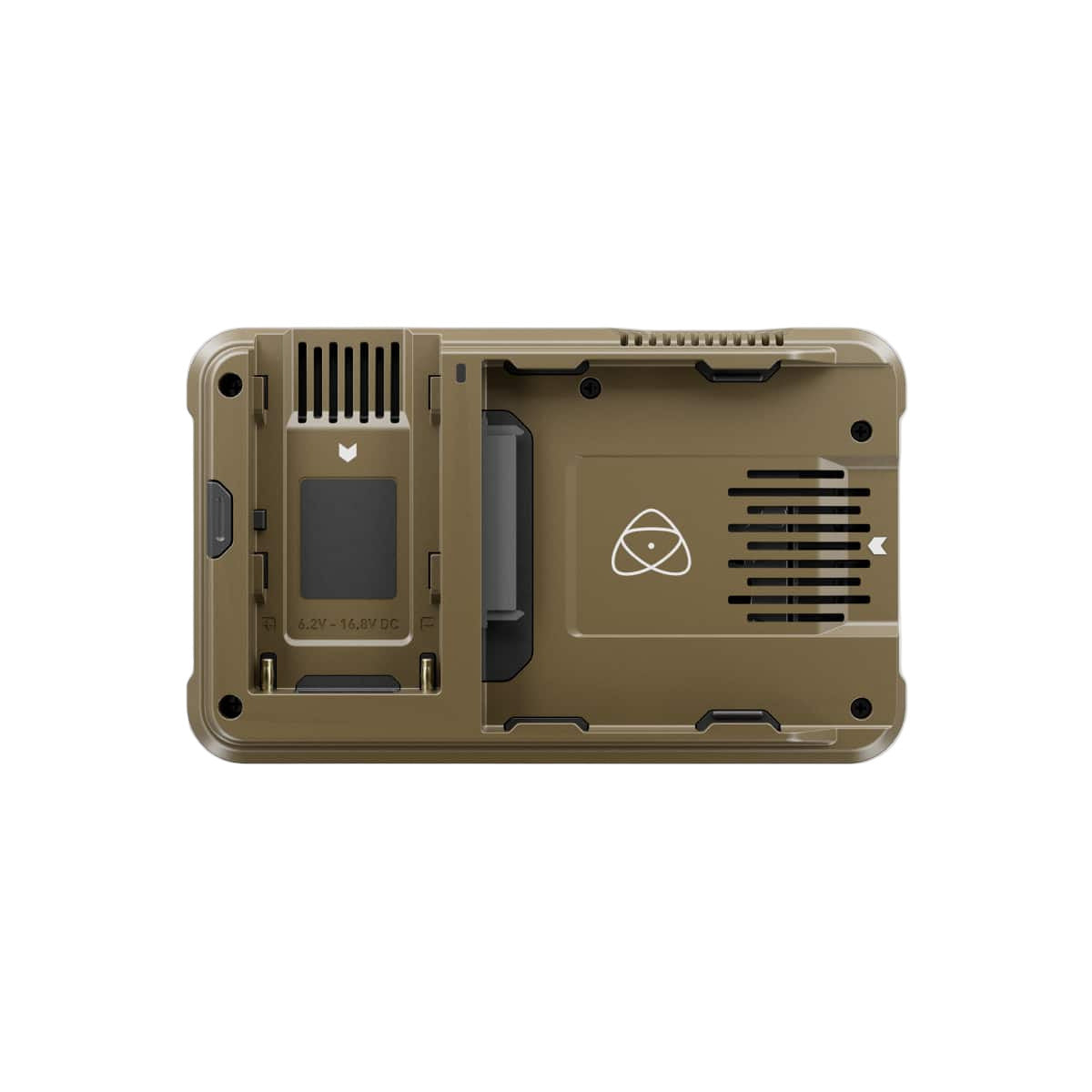 Brown electronic device with a logo on a light gray background