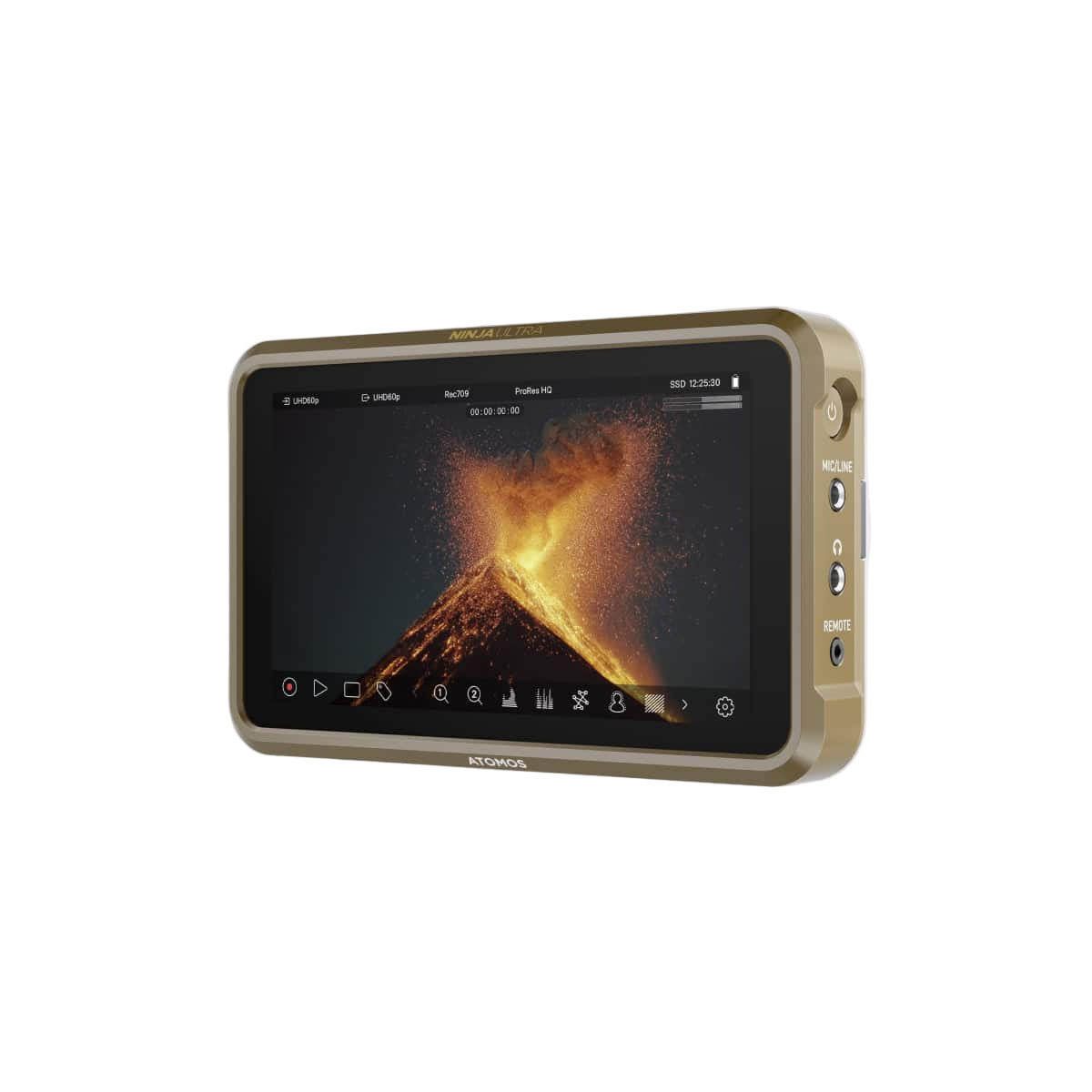 Portable monitor with screen displaying a fiery graphic on a light gray background