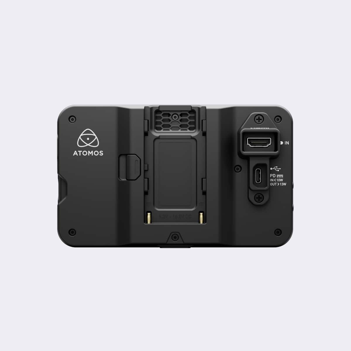 Back view of a black electronic device with Atomos logo on a light gray background
