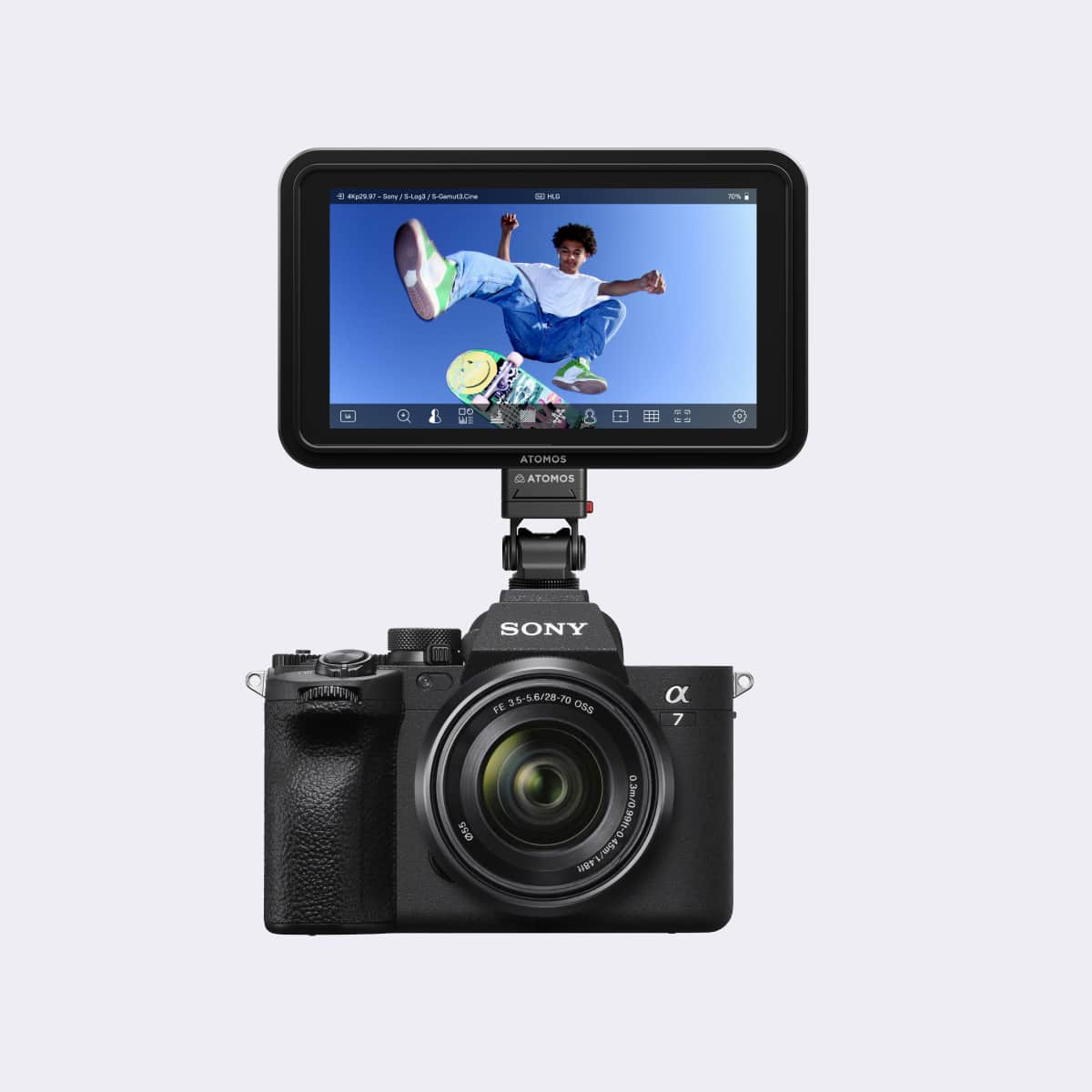 Sony camera with a screen displaying a person skateboarding on a white background