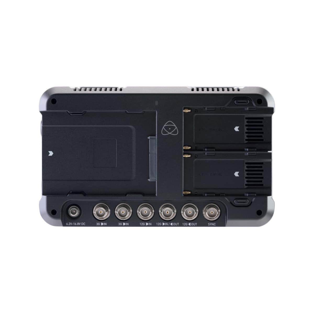 Back view of a electronic device with connectors on a light gray background