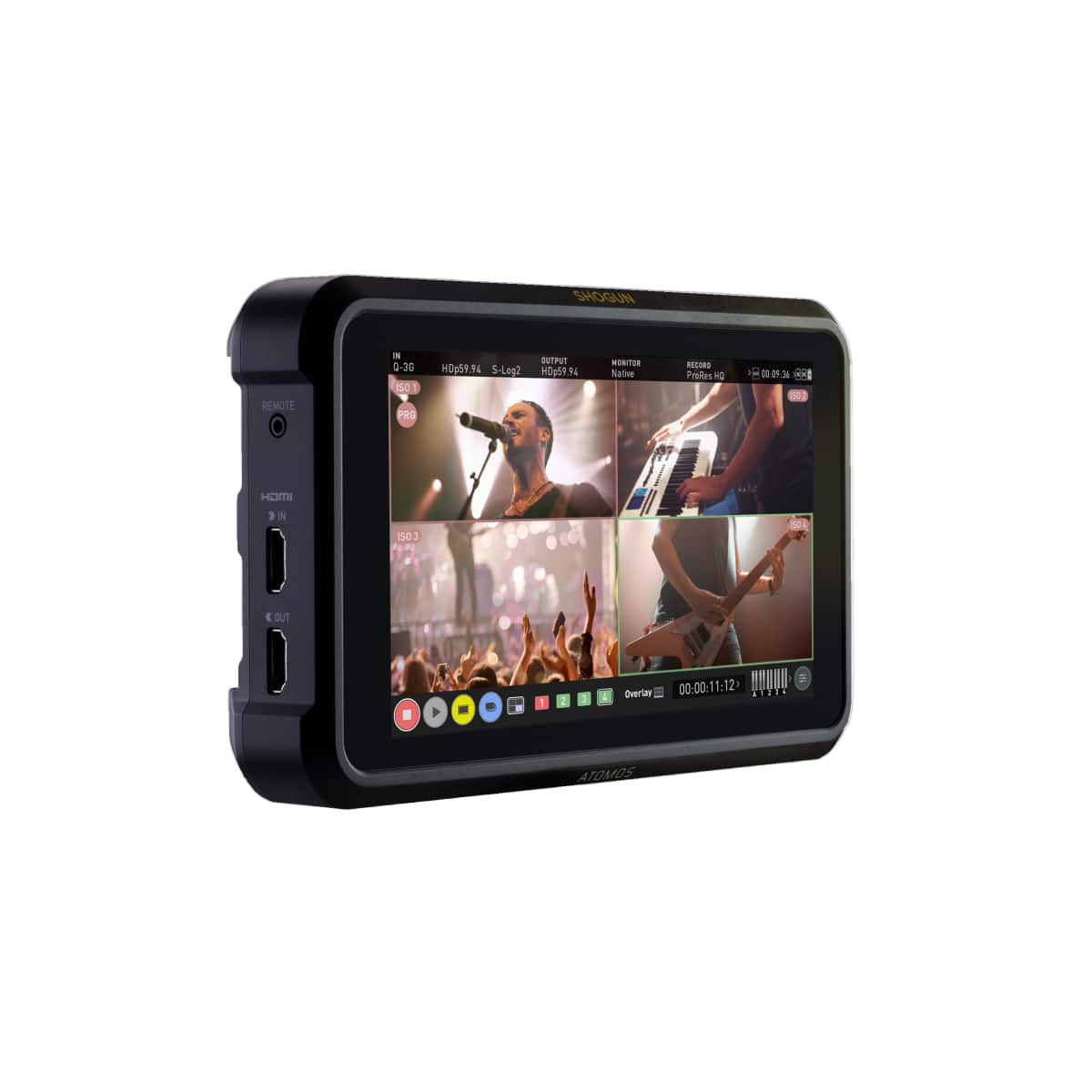 Portable monitor displaying a video of a live performance with a musician and audience on a light gray background.