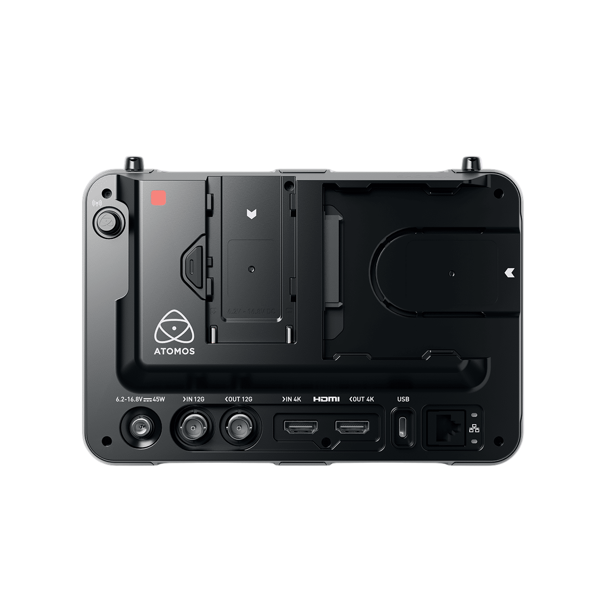 Back view of a black electronic device with Atomos branding on a light gray background