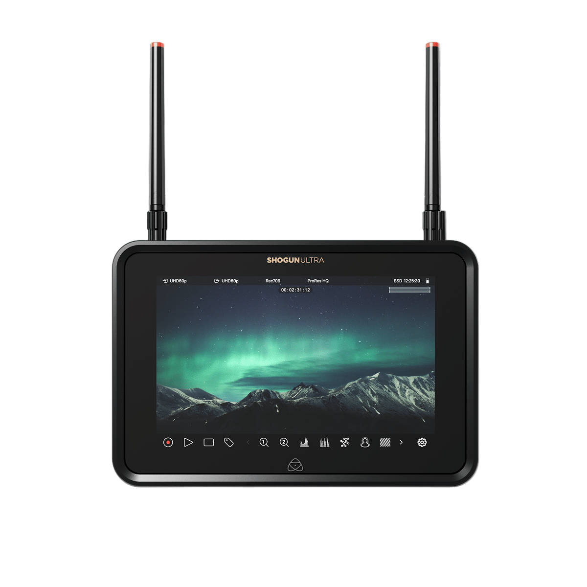 Portable device with screen displaying a mountain and sky scene on a light gray background