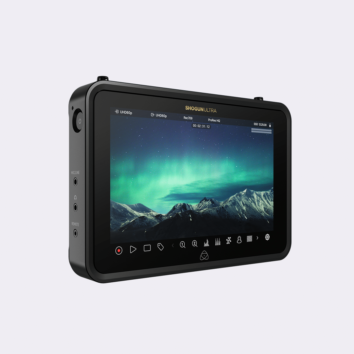 Display monitor with screen showing mountain and sky scene on a light gray background