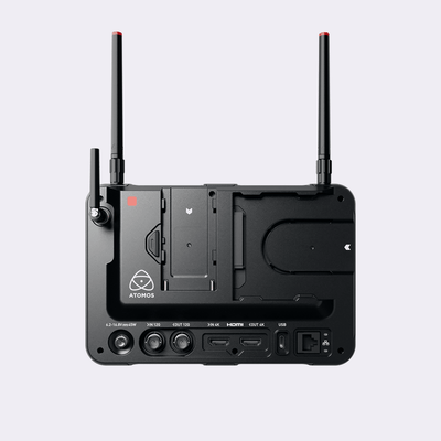 Back view of a professional camera monitor with Atomos logo on a light gray background