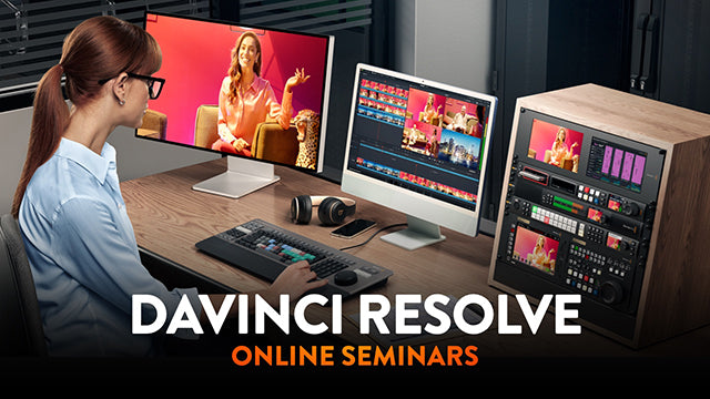 A woman sits at a video editing desk with multiple computer monitors, a keyboard, and a large AV control console. Large overlaid text reads 'DAVINCI RESOLVE ONLINE SEMINARS' in white and orange.