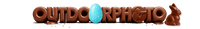 Chocolate-themed Outdoorphoto logo with a blue egg and chocolate bunny on a white background