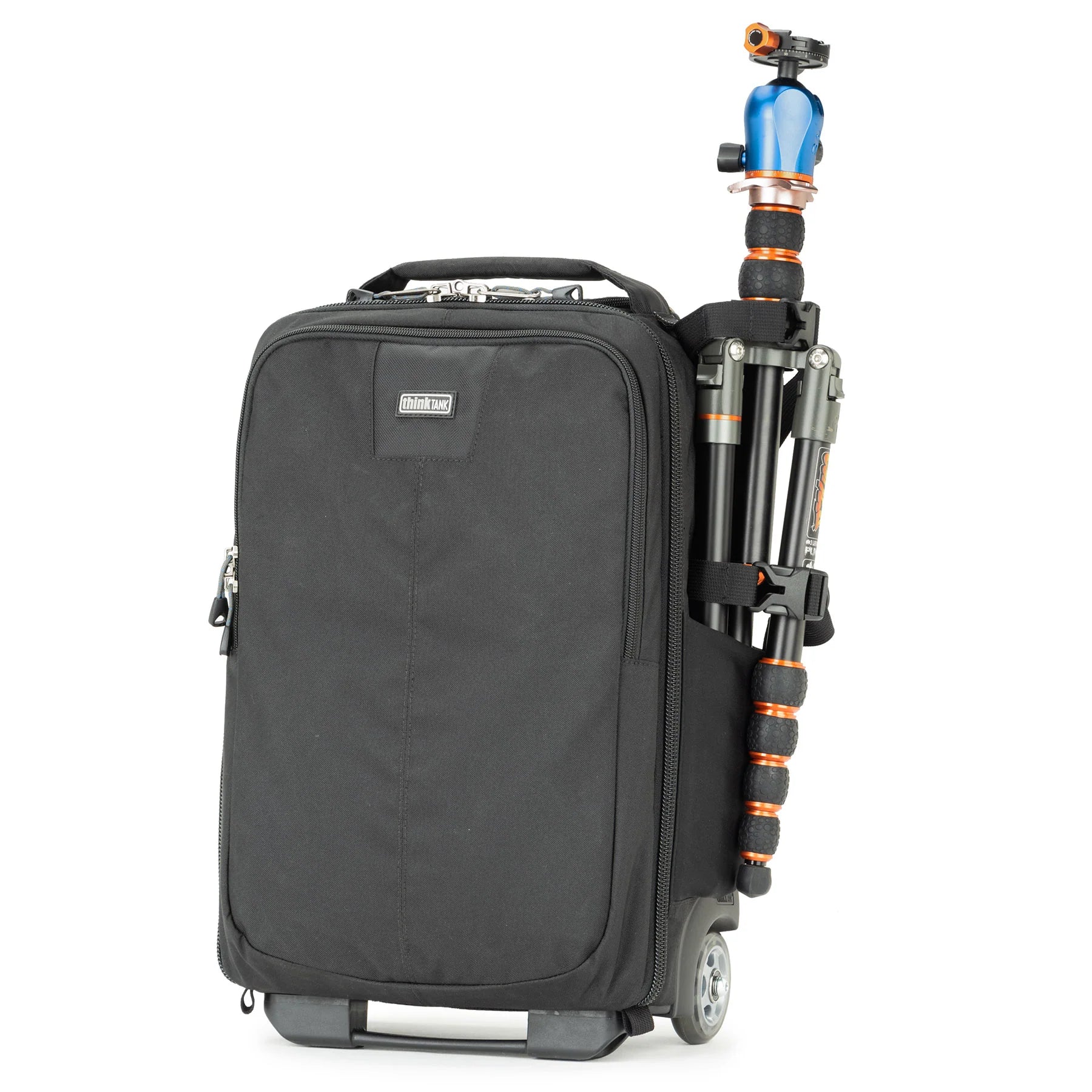 Think Tank Essentials Convertible Rolling Backpack — black, compact carry‑on camera bag with retractable handle, stowable backpack straps, and tripod mounting system