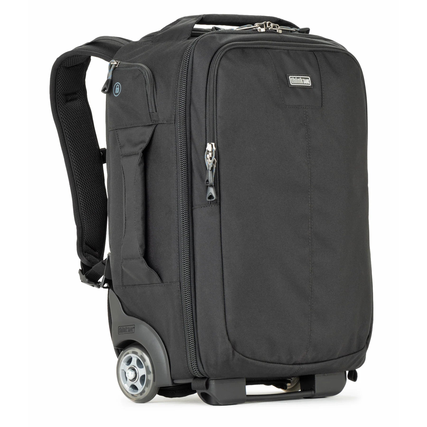 Think Tank Essentials Convertible Rolling Backpack — black, compact carry‑on camera bag with retractable handle, stowable backpack straps, and tripod mounting system