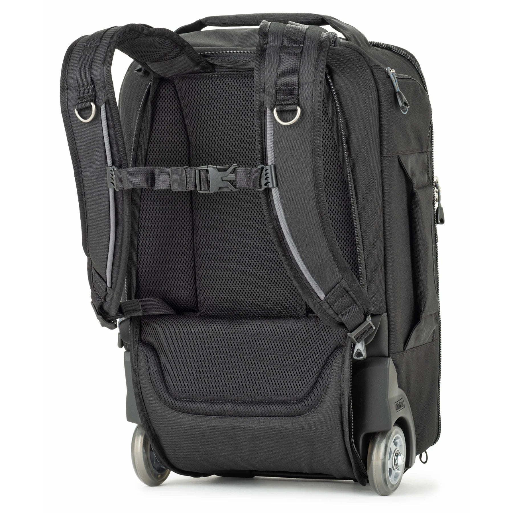 Think Tank Essentials Convertible Rolling Backpack — black, compact carry‑on camera bag with retractable handle, stowable backpack straps, and tripod mounting system
