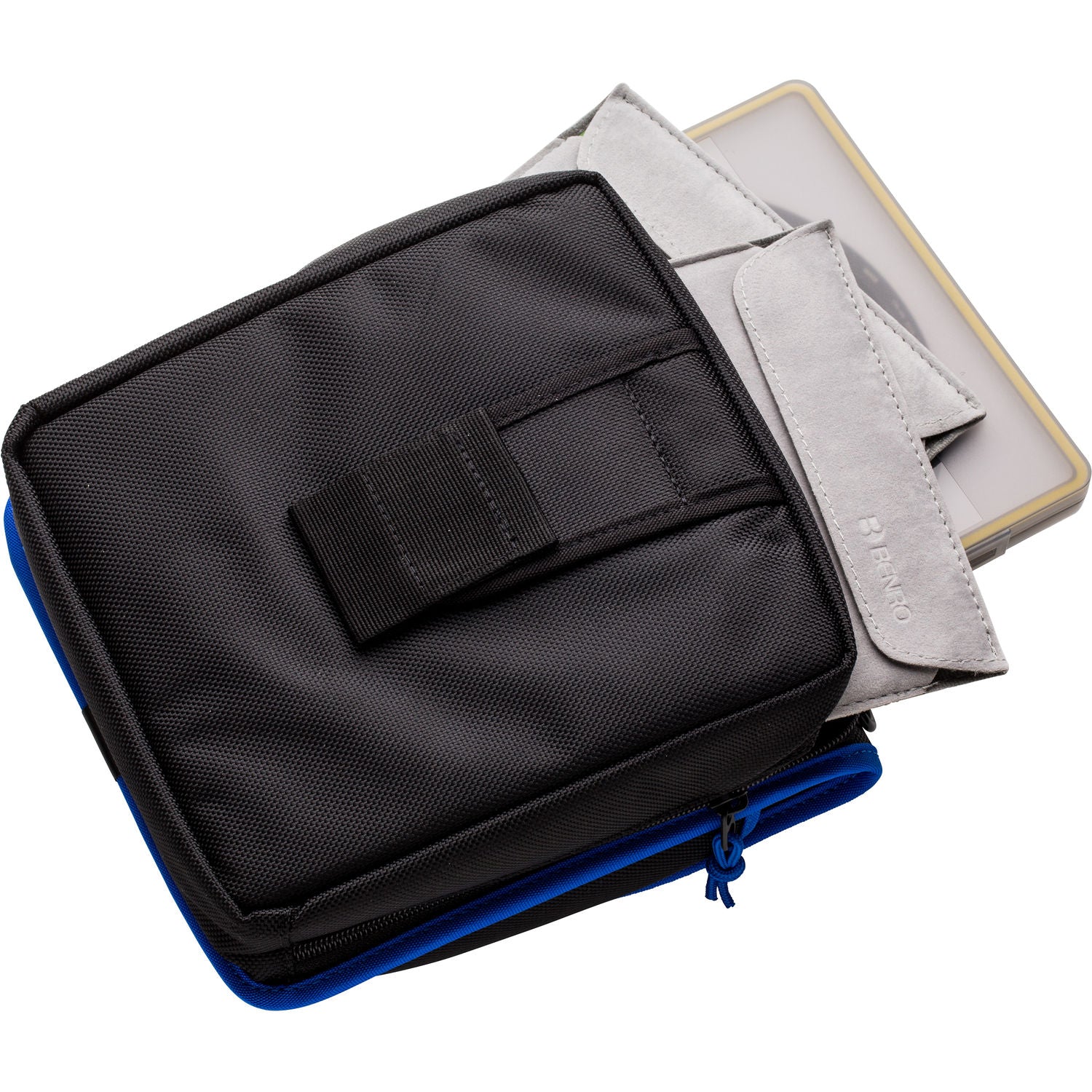 Black and blue pouches with a white background