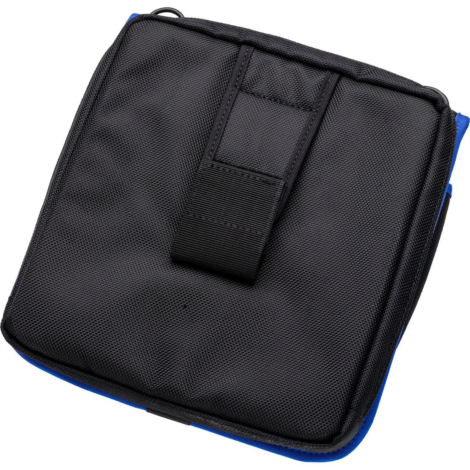 Black and blue rectangular pouch with a pocket on a white background