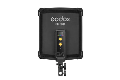 Godox FH50R RGB LED flexible light panel, 31.7x31.1x3.4 cm, color temp 2500-10000K with full RGB control, CRI/TLCI 96, 14 built-in light effects, wireless Bluetooth and 2.4G control, lightweight and bendable, includes adapter holder and carry bag
