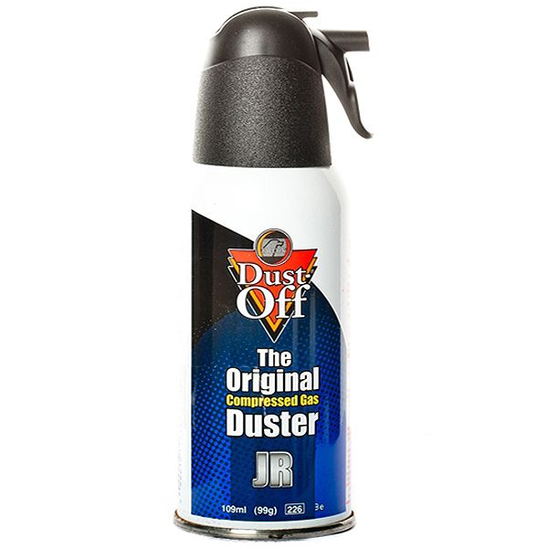 Dust-Off compressed gas duster can on a white background