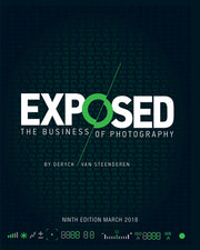 Book cover of 'Exposed: The Business of Photography' with digital design elements on a dark background.