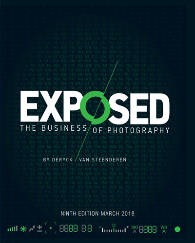 Book cover of 'Exposed: The Business of Photography' with digital design elements on a dark background.